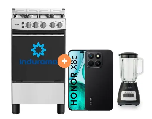 COCINA INDURAMA 20" 4 HORNILLAS CASSAT CON CONEXIÓN + Celular Honor X8C 8gb, 256GB  Color Midnigth Black / Moonligth White +  LICUADORA WHITELINE 1.5 LTS 400W VASO VIDRIO -  4507077 - 1