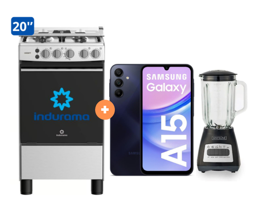COCINA INDURAMA 20" 4 HORNILLAS CASSAT + Celular Samsung Galaxy A15 Negro de 128GB 8GB RAM + LICUADORA WHITELINE 1.5 LTS 400W VASO VIDRIO - 4507176-1 
