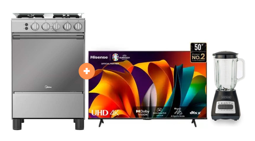 COCINA MIDEA 24" MGS24 4 HORNILLAS HIERRO  CON CONEXIÓN + Televisor HISENSE 58" Smart  58A6N 4K UHD Vidaa + LICUADORA WHITELINE 1.5 LTS 400W VASO VIDRIOadora Whiteline - 4507183-1