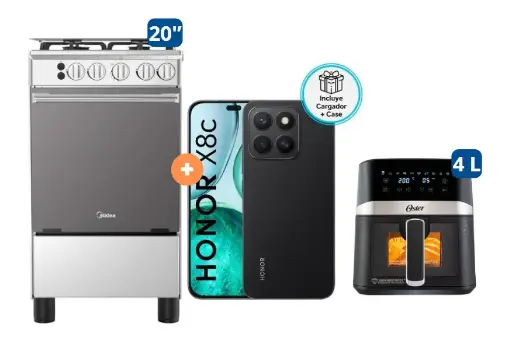 COCINA MIDEA 20" MGS20 4 HORNILLAS HIERRO CON CONEXIÓN +  CELULAR HONOR X8C 6.8" 256GB 8GB RAM COLOR MIDNIGHT BLACK/MOONLIGTH WHITE + FREIDORA  DE AIRE OSTER 4 LTS DIGITAL  CON LUZ - 4507097-4 