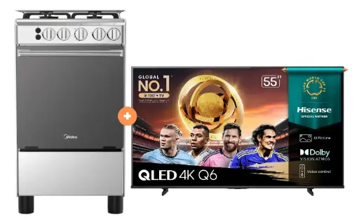 COCINA MIDEA 20" MGS20 4 HORNILLAS DE HIERRO Con Conexión Gratis + TELEVISOR HISENSE QLED 55" UHD SMART TV 55Q6QV VIDDA MODELO 2025 - 4507098 - 2