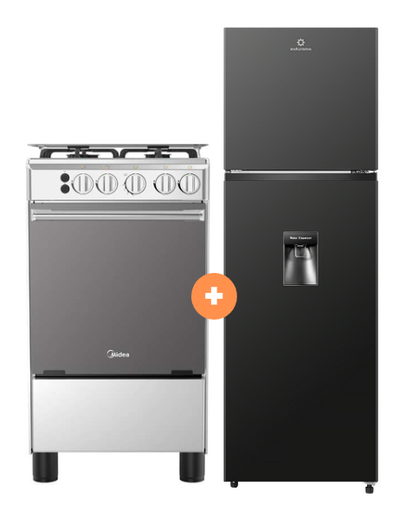 COCINA MIDEA 20" MGS20 4 HORNILLAS HIERRO CON CONEXIÓN  + Refrigeradora INDURAMA RI-389DI  246 lts INVERTER CON DISPENSADOR Negro- 4507098 -9