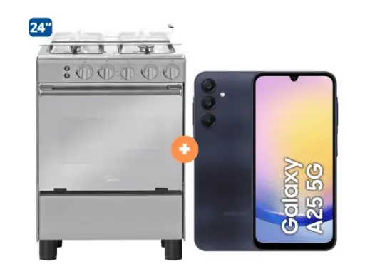 COCINA MIDEA 24" MGS24 4 HORNILLAS HIERRO CON CONEXIÓN + CELULAR SAMSUNG GALAXY A25 NEGRO DE 128 GB 6GB RAM - 4507184-8 