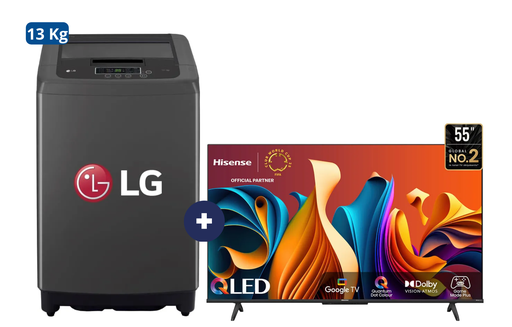 LAVADORA 13 KG Carga superior Smart Inverter Middle Black WT13BPBK Mod 2024 + Televisor HISENSE 55" UHD 4K Smart 55Q6N google tv - CO698