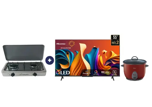 COCINA "SUPERIOR" DE MESA  2 HORNILLAS, ACERO BRILLANTE,POTENCIA 1.95KW x 2 CON CONEXIÓN + TELEVISOR HISENSE 55" QLED con GOOGLE TV 55Q6N 
+ OLLA ARROCERA OSTER 1.8 LTS - 4507366 - 2