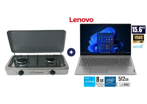 COCINA "SUPERIOR" DE MESA  2 HORNILLAS, ACERO BRILLANTE,POTENCIA 1.95KW x 2 CON CONEXIÓN + LAPTOP LENOVO 15.6" V15 G3 IAP Intel® Core™ I3-1215U, 8GB SSD, 256GB, WINDOWS 11 HOME, IRON_GREY. - 4507366 - 4