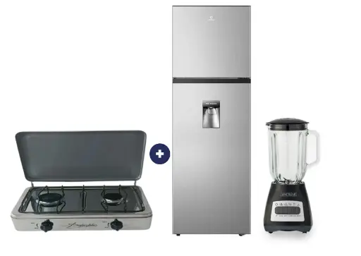 COCINA "SUPERIOR" DE MESA  2 HORNILLAS, ACERO BRILLANTE,POTENCIA 1.95KW x 2 CON CONEXIÓN + REFRIGERADORA INDURAMA RI-389DI  246 lts INVERTER C/DISPENSADOR CROMA /NEGRO + LICUADORA WHITELINE 1.5 LTS 400W VASO VIDRIO - 4507366 - 8