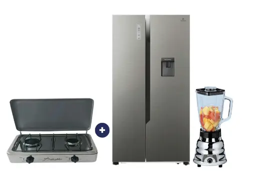 COCINA "SUPERIOR" DE MESA  2 HORNILLAS, ACERO BRILLANTE,POTENCIA 1.95KW x 2 CON CONEXIÓN + REFRIGERADORA INDURAMA  508 Lt SIDE BY SIDE Ri-788DI INVERTER CON DISPENSADOR Croma + Licuadora Oster Clasica cromada 2 velocidades. - 4507367 - 1