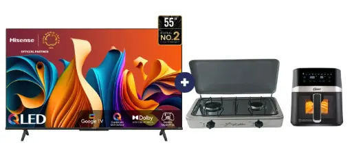COCINA "SUPERIOR" DE MESA  2 HORNILLAS, ACERO BRILLANTE,POTENCIA 1.95KW x 2 CON CONEXIÓN + TELEVISOR HISENSE 55" QLED con GOOGLE TV 55Q6N 
+ FREIDORA  DE AIRE DIGITAL OSTER 4 LTS CON LUZ Y VENTANA. - 4507368 -  2