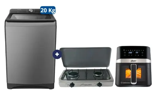 COCINA "SUPERIOR" DE MESA  2 HORNILLAS, ACERO BRILLANTE,POTENCIA 1.95KW x 2 CON CONEXIÓN + LAVADORA HISENSE Carga Superior 20KG WT3T2023UT Gris medio  +FREIDORA  DE AIRE DIGITAL OSTER 4 LTS CON LUZ Y VENTANA - 4507368 - 12