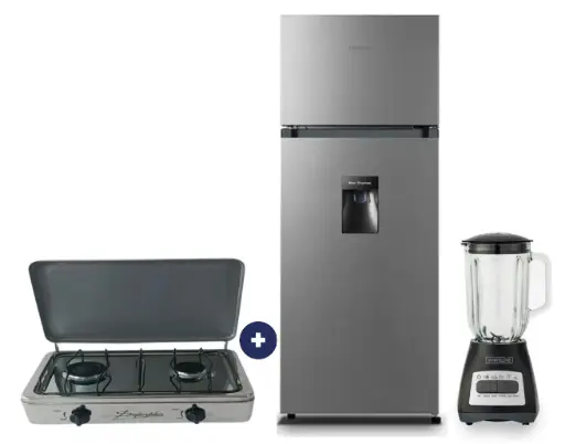 COCINA "SUPERIOR" DE MESA  2 HORNILLAS, ACERO BRILLANTE,POTENCIA 1.95KW x 2 CON CONEXIÓN +  REFRIGERADORA HISENSE 205 LTS TOP MOUNT RD 267 H + 
LICUADORA WHITELINE 1.5 LTS 400W VASO VIDRIO