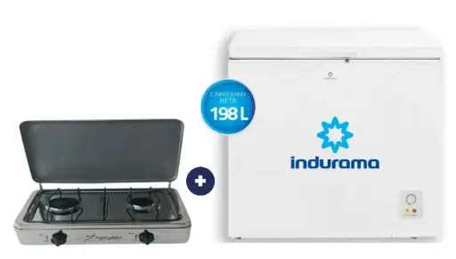 COCINA "SUPERIOR" DE MESA  2 HORNILLAS, ACERO BRILLANTE,POTENCIA 1.95KW x 2 CON CONEXIÓN + CONGELADORA INDURAMA 198Lts, CI-220BL Blanco