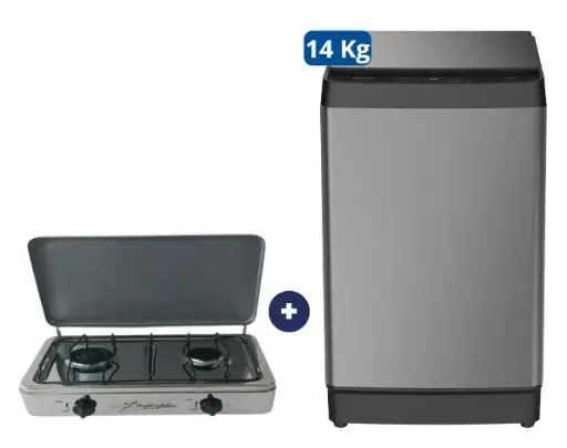 COCINA "SUPERIOR" DE MESA  2 HORNILLAS, ACERO BRILLANTE,POTENCIA 1.95KW x 2 CON CONEXIÓN +LAVADORA HISENSE CARGA SUPERIOR 14KG WT3K1423UT Gris medio