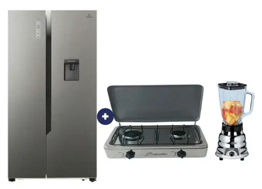 COCINA "SUPERIOR" DE MESA  2 HORNILLAS, ACERO BRILLANTE,POTENCIA 1.95KW x 2 CON CONEXIÓN +  REFRIGERADORA INDURAMA  508 Lt SIDE BY SIDE Ri-788DI INVERTER CON DISPENSADOR Croma + LICUADORA OSTER 2 VELOCIDADES CLASICA CROMADA.