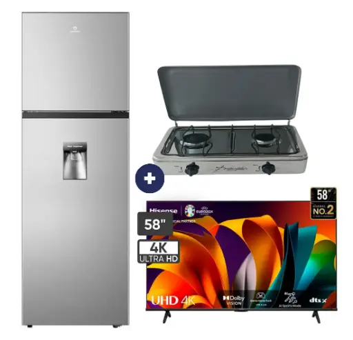 COCINA "SUPERIOR" DE MESA  2 HORNILLAS, ACERO BRILLANTE,POTENCIA 1.95KW x 2 CON CONEXIÓN + REFRIGERADORA INDURAMA RI-389DI  246 lts INVERTER CON DISPENSADOR Croma + Televisor HISENSE 58" UHD 4K Smart 58A6N VIDAA.