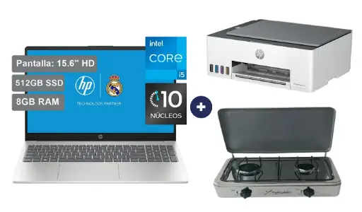 COCINA "SUPERIOR" DE MESA  2 HORNILLAS, ACERO BRILLANTE,POTENCIA 1.95KW x 2 CON CONEXIÓN +  Laptop HP Laptop 15-fd0048la,15.6"HD   Intel® Core I5 12va, 8gb Ram, 512gb Ssd, hd 15.6", plateado Natural, Windows 11 + IMPRESORA HP MULTIFUNCIONAL SMART TANK 580, 3 EN UNO, WIFI, BLUETOOH. 