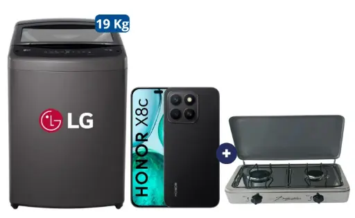 COCINA "SUPERIOR" DE MESA  2 HORNILLAS, ACERO BRILLANTE,POTENCIA 1.95KW x 2 CON CONEXIÓN + LAVADORA LG 19 KG Carga superior Smart Inverter WT19BVTB Mod 2024 Negro Claro + CELULAR HONOR X8C 6.7" 256GB 8GB RAM color Midnight Black.