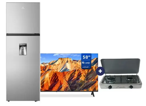 COCINA "SUPERIOR" DE MESA  2 HORNILLAS, ACERO BRILLANTE,POTENCIA 1.95KW x 2 CON CONEXIÓN +  REFRIGERADORA INDURAMA RI-389DI  246 lts INVERTER CON DISPENSADOR Croma + Televisor BGH 58" UHD 4K  Android  TV sin bordes B5824UK6AIP.