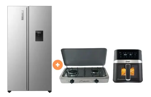COCINA "SUPERIOR" DE MESA  2 HORNILLAS, ACERO BRILLANTE,POTENCIA 1.95KW x 2 CON CONEXIÓN + EFRIGERADORA HISENSE SIDE BY SIDE 529 LT C/DISPENSER COLOR GRIS, M.  INVERTER C/ 5 SENSORES TEMPERATURA (RS3P558NMCA)  + FREIDORA  DE AIRE DIGITAL OSTER 4 LTS CON LUZ Y VENTANA  - 4507367 - 3