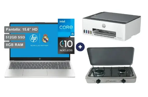 COCINA "SUPERIOR" DE MESA  2 HORNILLAS, ACERO BRILLANTE,POTENCIA 1.95KW x 2 con CONEXIÓN+  Laptop HP Laptop 15-fd0055la,15.6"FHD   Intel® Core I5 12va, 8gb Ram, 512gb Ssd, hd 15.6", plateado Natural, Windows 11 + IMPRESORA HP MULTIFUNCIONAL SMART TANK 580, 3 EN UNO, WIFI , BLUETOOH. 