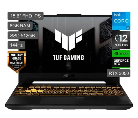 Laptop ASUS TUFF GAMING Intel i5/8gb ddr4/512Ggb/15.6" Fhd -144hz/Nvidia Geforce RTX3050 4gb/Windows 11 home/mecha gray (FX507ZC4-HN005W).