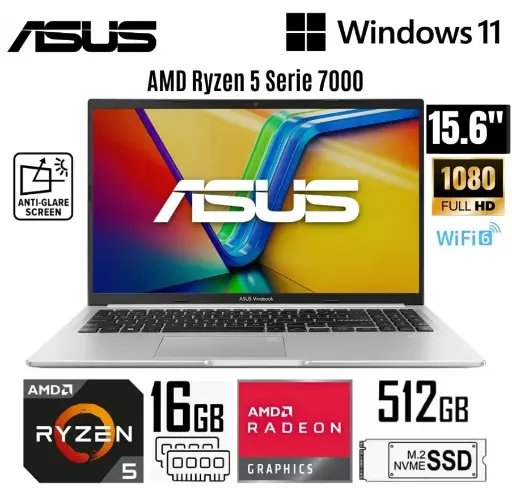 Laptop ASUS VIVOBOOK AMD Ryzen 5 7430U/16gb ddr4/512Ggb/15.6" Fhd/Gráficos AMD Radeon/Windows 11/Cool Silver (M1502YA-NJ544)