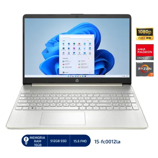 LAPTOP HP NOTEBOOK Ryzen AMD Ryzen 7 7730U 16GB DDR4 512GB SSD 15.6" FHD AMD RADEON GRAPHICS Windows 11 COLOR:PLATEADO (15-fc0012la) - HPNOTER7512GB 