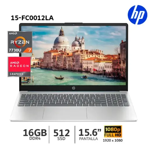 LAPTOP HP NOTEBOOK Ryzen AMD Ryzen 7 7730U/16GB DDR4/512GB SSD/15.6" FHD/AMD RADEON GRAPHICS /Windows 11/COLOR:PLATEADO (15-fc0012la)