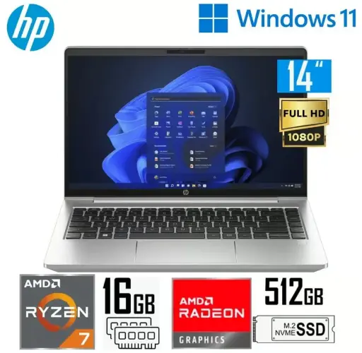 LAPTOP HP PROBOOK 14” Ryzen AMD Ryzen 7 7730U/16GB DDR4/512GB SSD/14" FHD/AMD RADEON GRAPHICS /Windows 11PRO /COLOR:PLATA NATURAL(445 G10)