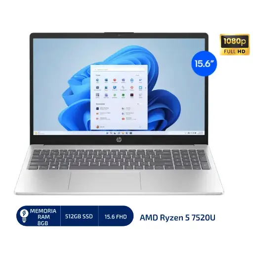 LAPTOP HP NOTEBOOK AMD Ryzen 5 7520U /8GB-ON /512GB SSD /15.6"FHD /WINDOWS 11HOME /Azul claro de luna (15-fc0071la) - HPNOTER5512GB 