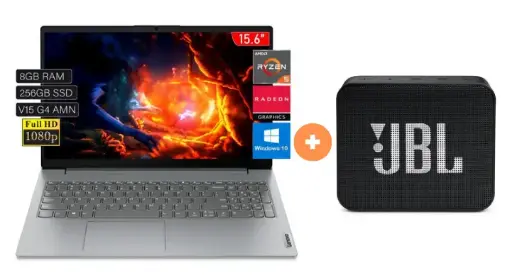 LAPTOP LENOVO V15 G4 AMN  AMD Ryzen 5 7520U /8GB /256GB SSD /15.6" FHD /Windows 11 / ARCTIC_GREY (82YU00X6LM) + Parlante JBL GO ESSENTIAL Negro