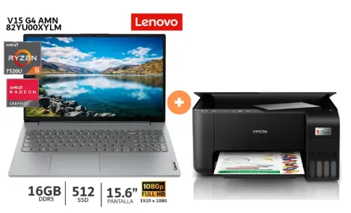 LAPTOP LENOVO V15 G4 AMN  AMD Ryzen 5 7520U /16GB /512GB SSD /15.6" FHD /Windows 11 / ARCTIC_GREY (82YU00X6LM) + Impresora Multifuncional Epson  L3250 ECOTANK WIFI - CO756