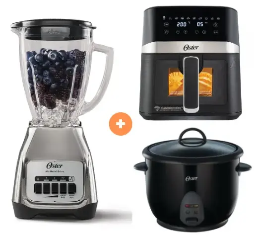 LICUADORA OSTER KALIMAN  2 VEL. VASO VIDRIO 1.5 LT  C.NIQUEL,  BLSTKAG-NPB-053  + FREIDORA  DE AIRE DIGITAL OSTER 4 LTS CON LUZ Y VENTANA + OLLA ARROCERA OSTER 1.8 LTS. NEGRA CKSTRC1700B053 