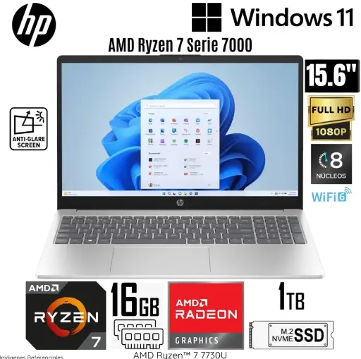 LAPTOP HP 15-FC0031LA AMD RYZEN 7 7730U, 16GB (2x8GB)(DDR4), 1TB SSD, 15.6"FHD, WINDOWS 11 HOME, COLOR: Plateado natural - HP15FC31R716G1T