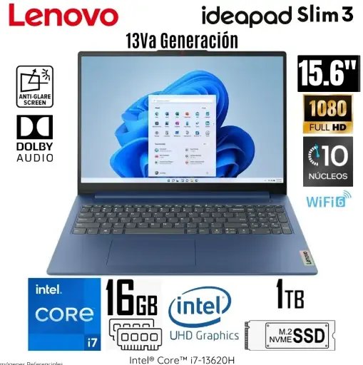 LAPTOP LENOVO  SLIM 3 INTEL CORE i7-13620H, 16GB , 1TB SSD, 15.6" FHD, WINDOWS 11, 15IRH8 COLOR: ABYSS BLUE - LNVIPS3i716G1TBLU
