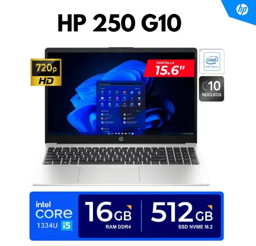 LAPTOP HP NOTEBOOK 250G10 INTEL CORE i5 1334U), 16GB DDR4, 512 GB SSD, 15.6"HD, WINDOWS 11, COLOR: PLATA TURBO (TAPA PLOMO OSCURO, TAPA DE ABAJO PLOMO CLARO) 