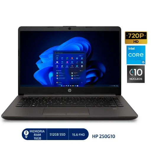 LAPTOP HP NOTEBOOK 250G10 INTEL CORE i5 1334U), 16GB DDR4, 512 GB SSD, 15.6"HD, WINDOWS 11, COLOR: PLATA TURBO (TAPA PLOMO OSCURO, TAPA DE ABAJO PLOMO CLARO) 