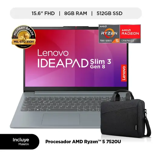 LAPTOP LENOVO IDEAPAD SLIM 3 AMD RYZEN5 7520U(4N/8SUB), 8GB, 512GB SSD, 15.6" FHD, WINDOWS 11, COLOR: ARCTIC GREY + MALETIN LENOVO. 