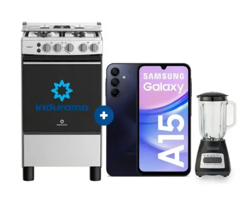 COCINA INDURAMA 20" 4 HORNILLAS CASSAT CON CONEXIÓN + Celular Samsung Galaxy A15 Negro de 128GB 4GB RAM +  LICUADORA WHITELINE 1.5 LTS 400W VASO VIDRIO - 4507177 - 4