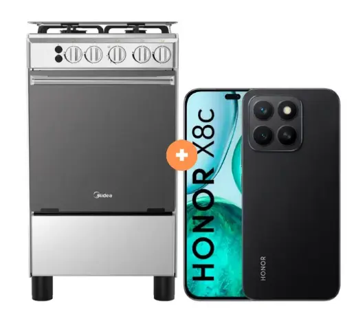 COCINA MIDEA 20" MGS20 4 HORNILLAS HIERRO CON CONEXIÓN +  CELULAR HONOR X8C 6.8" 256GB 8GB RAM COLOR MIDNIGHT BLACK/MOONLIGTH WHITE - 4507097-4 