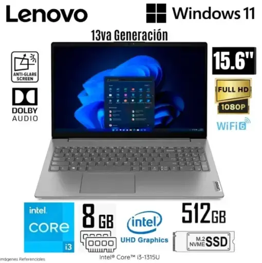 LAPTOP LENOVO V15 G4 IRU, 15.6"Intel® Core™ i3 1315U, 8GB, 512GB SSD, Intel® UHD Graphics for 13th Gen Intel®, WINDOWS 11, IRON GREY WIFI6. (83A100EMLM)