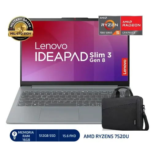 LAPTOP LENOVO IDEAPAD SLIM 3 AMD RYZEN5 7520U(4N/8SUB), 16GB, 512GB SSD, 15.6" FHD, WINDOWS 11, COLOR: ARCTIC GREY + MALETIN LENOVO.