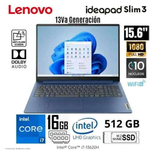 LAPTOP LENOVO  SLIM 3 INTEL CORE i7-13620H, 16GB , 512 GB SSD, 15.6" FHD, WINDOWS 11, 15IRH8 COLOR: ABYSS BLUE - LNVIPS3i716G512GBLU