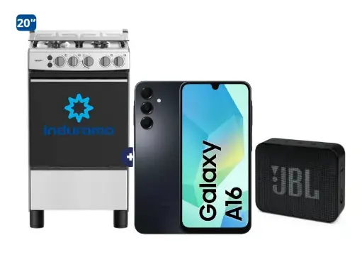 COCINA INDURAMA 20" 4 HORNILLAS CASSAT CON CONEXIÓN +  CELULAR SAMSUNG A16 8gb, 256 GB + PARLANTE JBL GO BLUETOOTH NEGRO - 4507077- 4