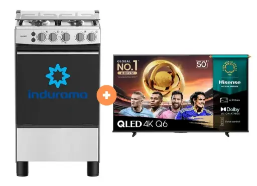COCINA INDURAMA 20" 4 HORNILLAS CASSAT CON CONEXIÓN + TELEVISOR HISENSE QLED 50" UHD SMART TV 50Q6QV VIDDA MOD. 2025 - 4507077 - 5