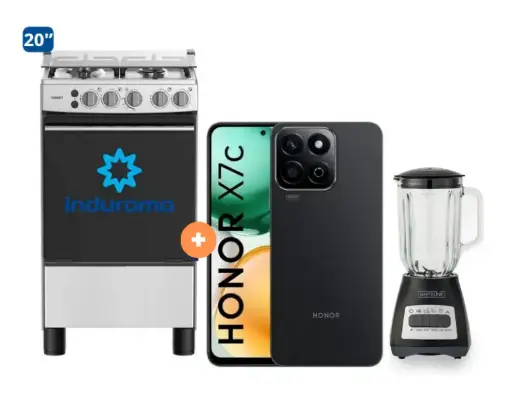 COCINA INDURAMA 20" 4 HORNILLAS CASSAT +  CELULAR HONOR X7C 6.8" 256GB 8GB RAM COLOR MIDNIGHT BLACK/MOONLIGTH WHIT +  LICUADORA WHITELINE 1.5 LTS 400W VASO VIDRIO - 4507177 - 2