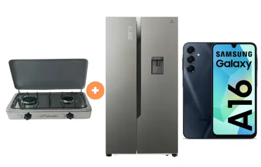 COCINA "SUPERIOR" DE MESA  2 HORNILLAS, ACERO BRILLANTE,POTENCIA 1.95KW x 2 CON CONEXIÓN +  REFRIGERADORA INDURAMA  508 Lt SIDE BY SIDE Ri-788DI INVERTER CON DISPENSADOR Croma + CELULAR SAMSUNG GALAXY A16 6.7"  8GB RAM 128GB Negro- 4508044 - 2