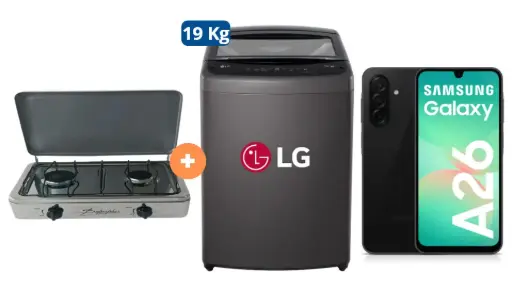 COCINA "SUPERIOR" DE MESA  2 HORNILLAS, ACERO BRILLANTE,POTENCIA 1.95KW x 2 CON CONEXIÓN +  LAVADORA LG 19 KG Carga superior Smart Inverter WT19BVTB Mod 2024 Negro Claro + CELULAR SAMSUNG A26 5G 6.7" 6GB RAM 128GB Negro - 4508044 - 5