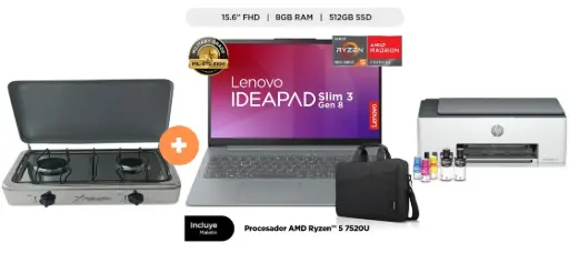 COCINA "SUPERIOR" DE MESA 2 HORNILLAS, ACERO BRILLANTE,POTENCIA 1.95KW x 2 CON CONEXIÓN + LAPTOP LENOVO IDEAPAD SLIM 3 AMD RYZEN5 7520U(4N/8SUB), 16GB, 512GB SSD, 15.6" FHD, WINDOWS 11, COLOR: ARCTIC GREY + MALETIN LENOVO1 + IMPRESORA HP MULTIFUNCIONAL SMART TANK 580, 3 EN UNO, WIFI , BLUETOOH - 4508044 - 7