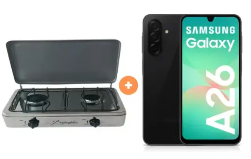 COCINA "SUPERIOR" DE MESA 2 HORNILLAS, ACERO BRILLANTE,POTENCIA 1.95KW x 2 CON CONEXIÓN + CELULAR SAMSUNG GALAXY A26 128 GB 6GB RAM NEGRO - 4508029 - 3